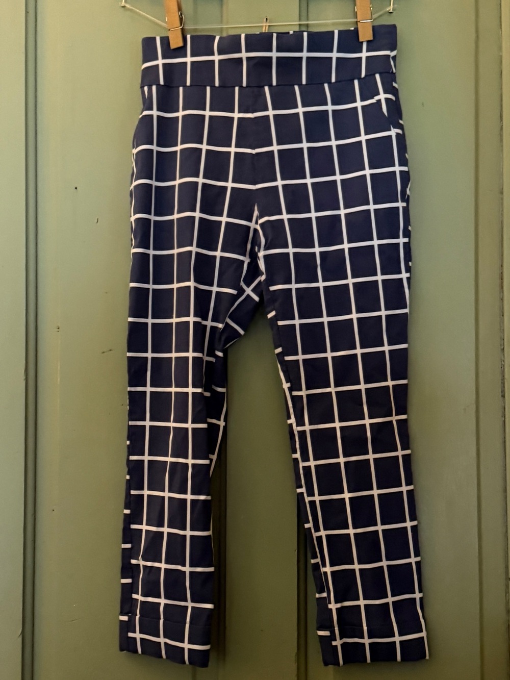 Navy Grid Print Cropped Ponte Pants